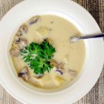 Mushroom soup made from fresh honey mushrooms with melted cheese