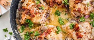 Chicken with mushrooms stewed in cream sauce in a frying pan